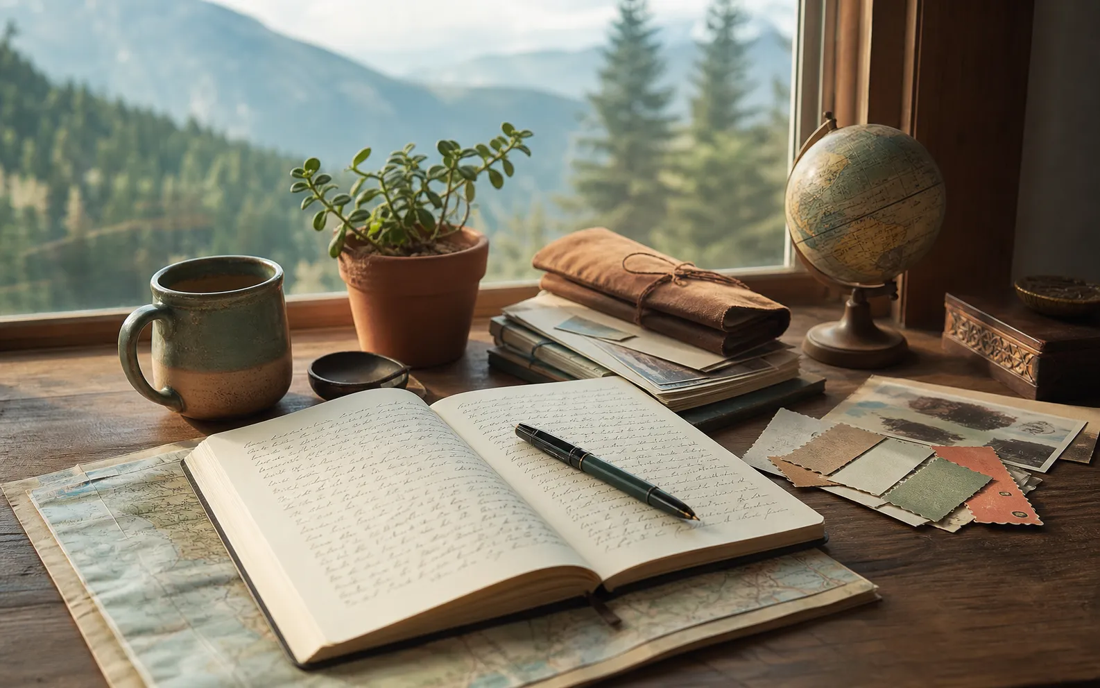 An open travel notebook with a pen, map papers, and mountain light through a window