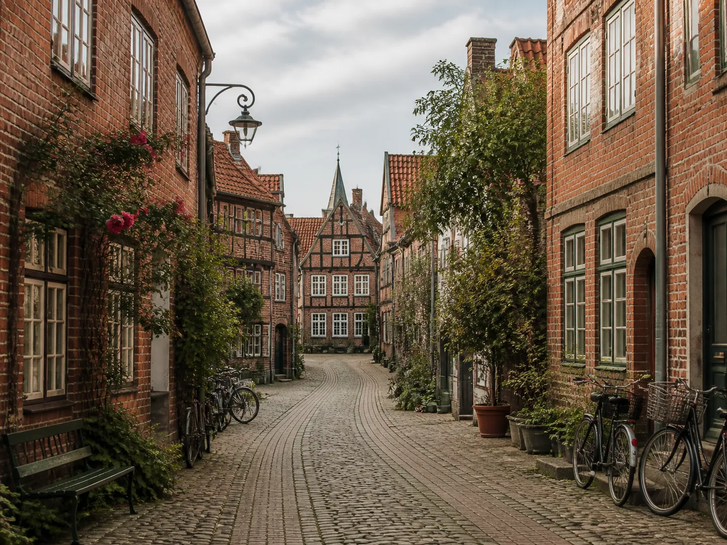 A quiet brick street in Lüneburg, Germany with bicycles and historic buildings