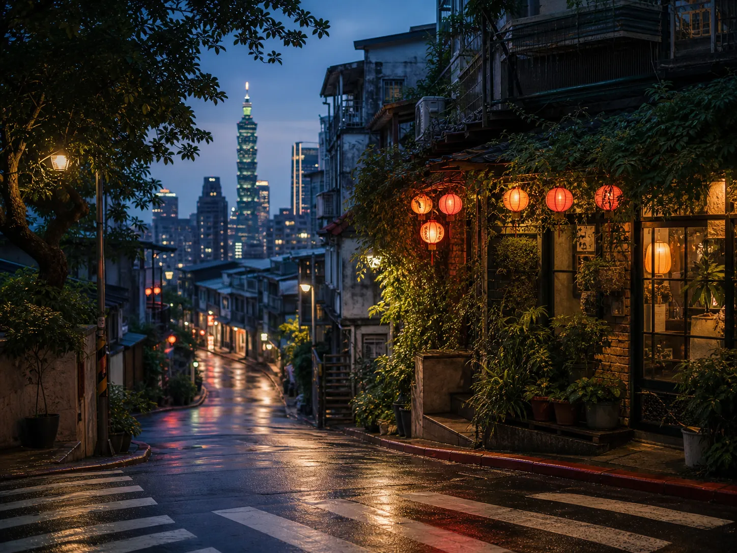 A Taipei side street at blue hour with warm lantern light and distant city towers